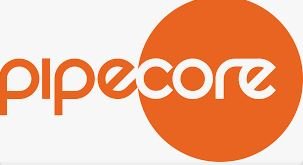 Orange "pipecore" logo with stylized text, an orange circle in the background, and a subtle nod to leak detection.